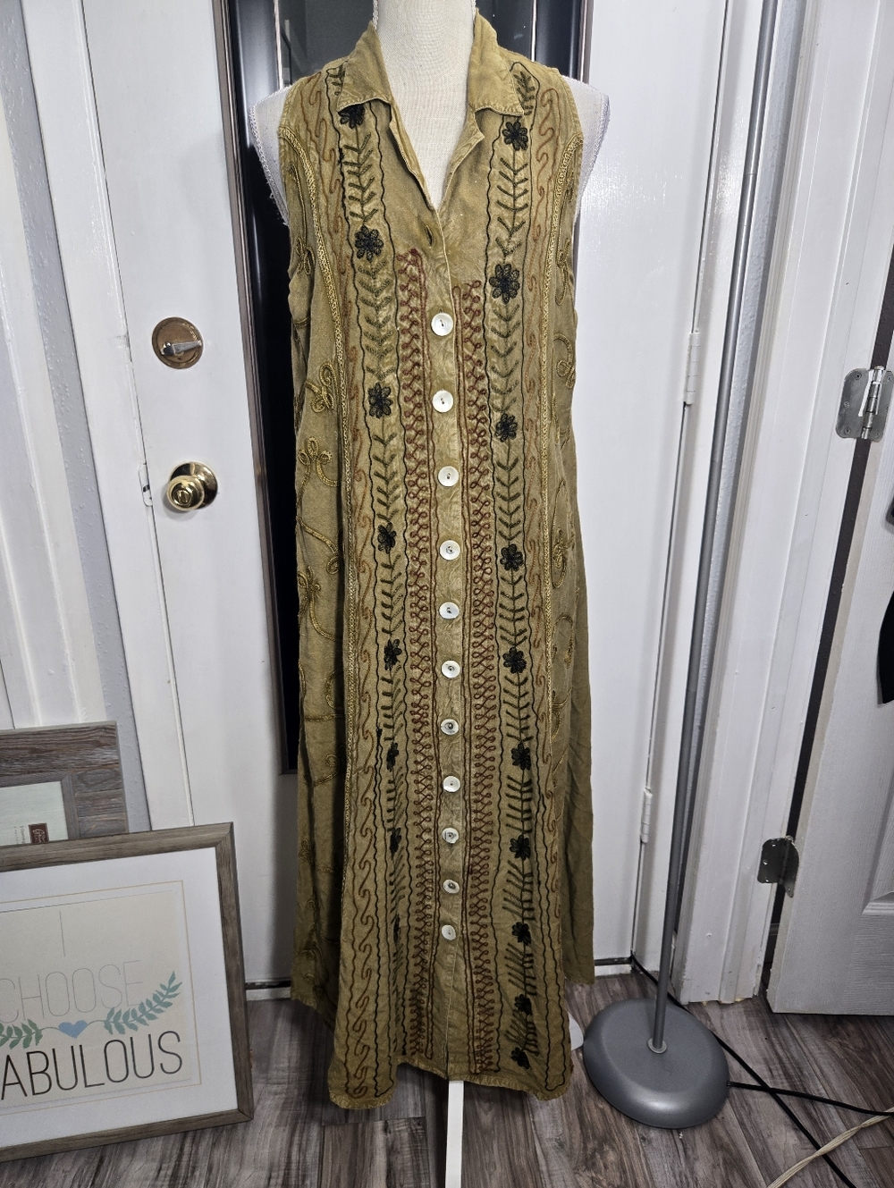Sacred Threads Vintage Sleeveless Embroidered Button Down Midi Dress One Sz Rare